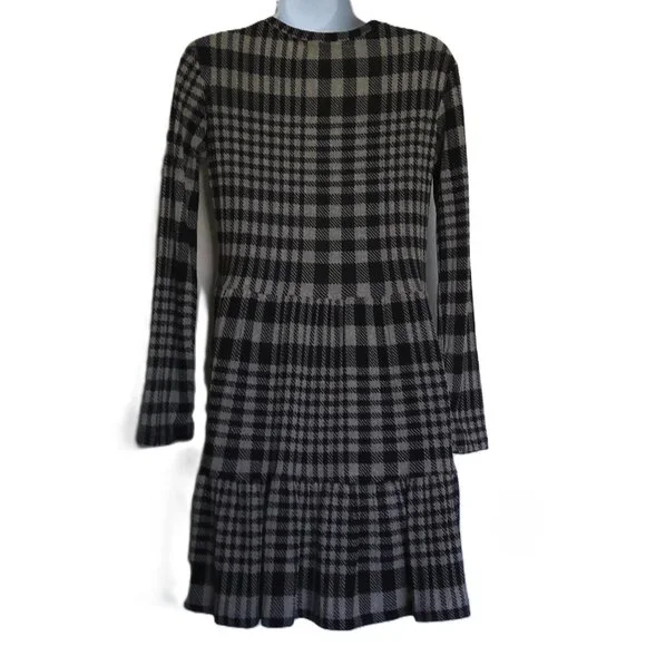 Zara Trafaluc Houndstooth Plaid Dress Black & Beige Stretch Long Sleeve EUC Sz S - Picture 3 of 4